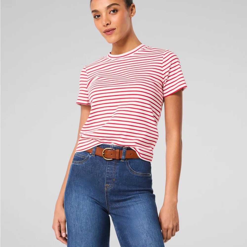 SPANX Red and White Striped Short Sleeve Tee